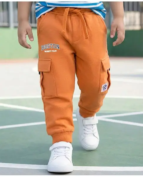 Babyhug Terry Knit Full Length Lounge Pant With Text Print - Orange