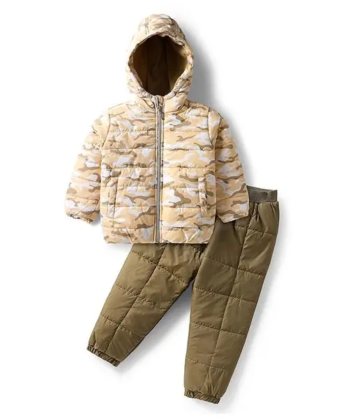 Babyhug Woven Full Sleeves Quilted Polyfill Hooded Heavy Winter Wear Suit Set With Polyfill Quilted Pant with Camouflage Print - Brown