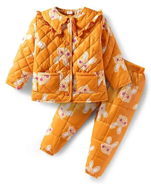 Babyhug Woven Full Sleeves Quilted Polyfill Hooded Heavy Winter Wear Suit Set With Polyfill Quilted Pant with Bunny Print & Pocket - Yellow