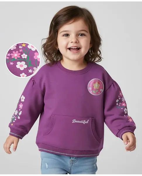 Babyhug Cotton Knit Full Sleeves Pullover Sweatshirt with Floral Print & Kangaroo Pocket - Purple