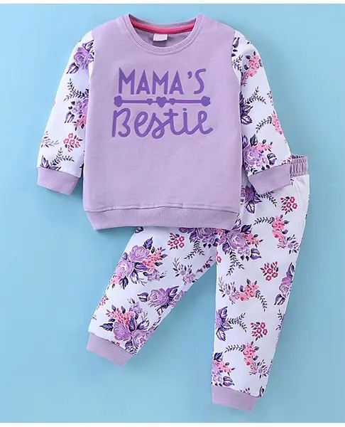 Mark & Mia Terry Knit Full Sleeves Sweatshirt & Lounge Pant with Text & Floral Print - Lilac & White