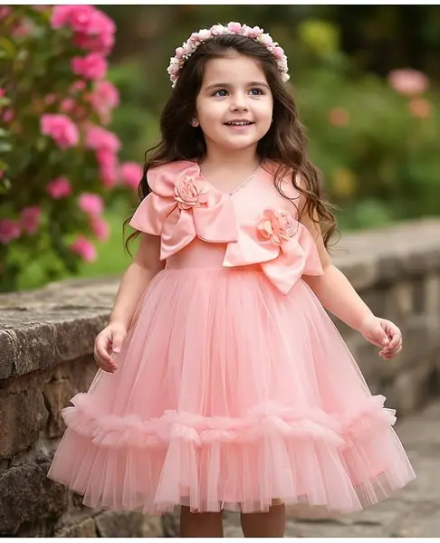 Babyhug Woven Sleeveless Fit & Flare Partywear Mesh Dress With Floral Corsage - Peach