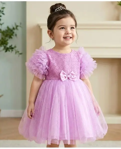 Babyhug 5 Layers With Cotton Lining Frill Sleeves Mesh Party Dress With Bow Applique & Foil Print With Lace Detailing on Yoke - Lavender