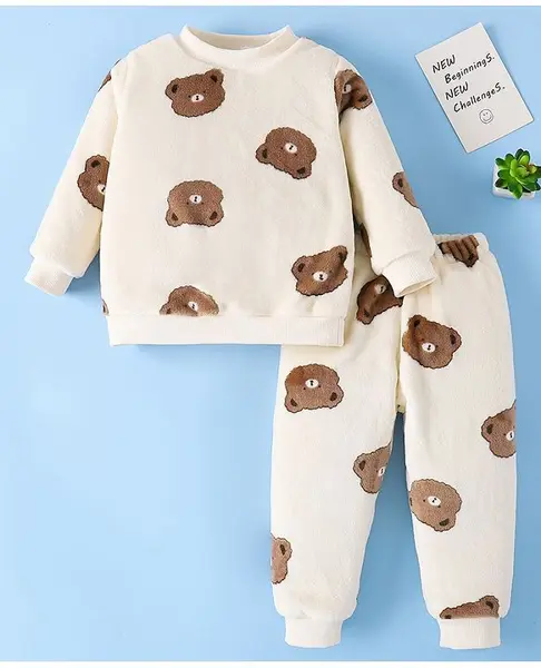 Mark & Mia Full Sleeves Winter Wear Night Suit With Bear Print - Cream