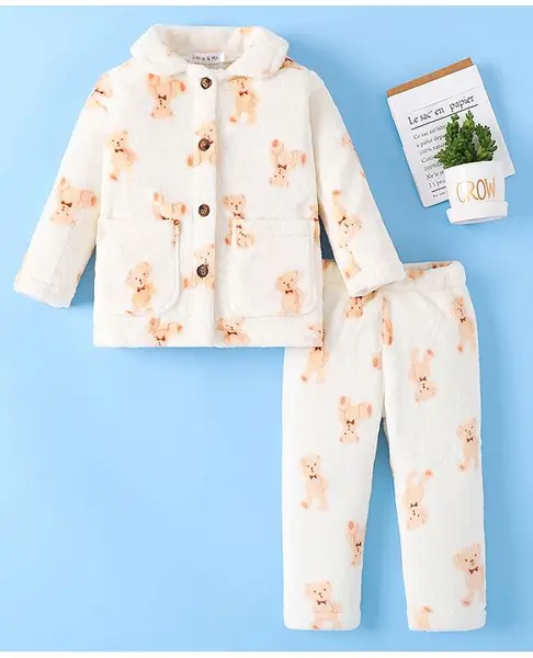 Mark & Mia Full Sleeves Winter Wear Co-ords Night Suit With Animal Print - Beige