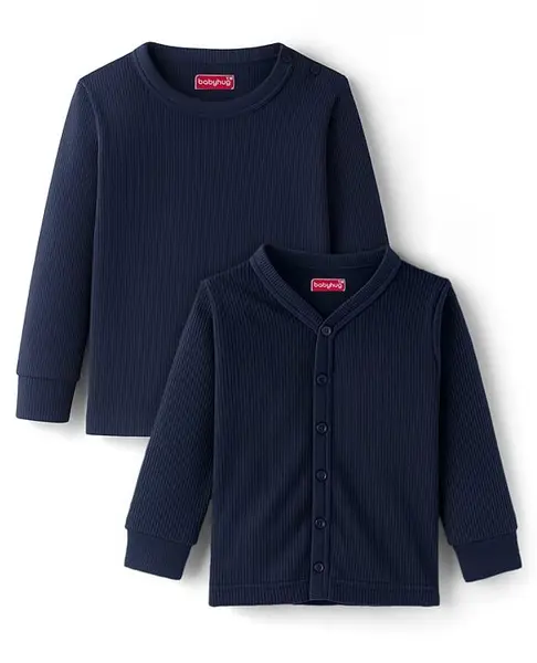 Babyhug Knit Full Sleeves Solid Thermal Inner Wear Front Open & Pullover Vest Pack of 2 - Navy Blue
