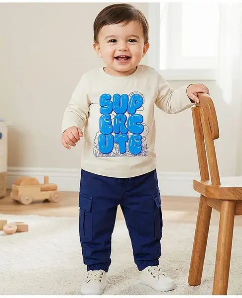 Babyoye 100% Cotton Knit Full Sleeves T-Shirt & Joggers Set With Supercute Text Print - White & Navy Blue
