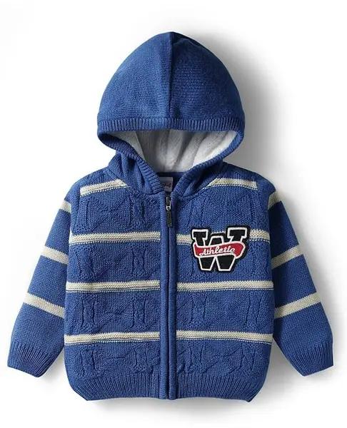 Babyhug Knit Full Sleeves Front Open Hooded Sweater with Cable Knit Design Stripes & Patch Detailing - Royal Blue
