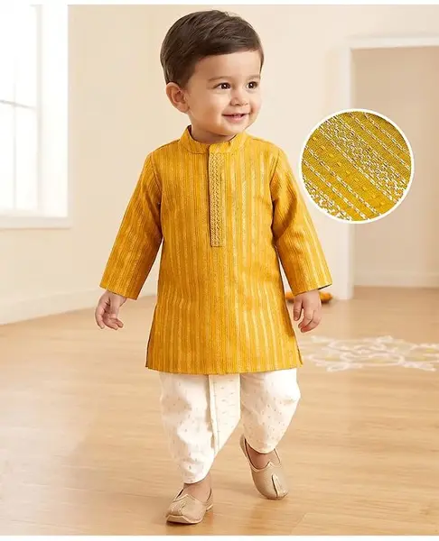 Babyhug Woven Full Sleeves Kurta Dhoti Set with Embroidered Neck & Self Design - Mustard