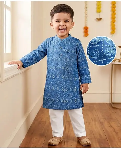 Babyhug Woven Full Sleeves Kurta Pajama Set with Embroidery & Sequin Detailing - Blue
