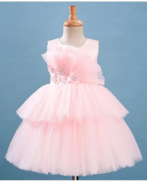 Bluebell Net Woven Sleeveless Party Dress with Frill Detailing Floral & Pearl Applique - Pink