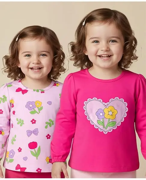 Babyoye 100% Cotton Knit With Eco Jiva Finish Full Sleeves T-Shirts With Floral Print Pack of 2 - Dark Pink & Pink