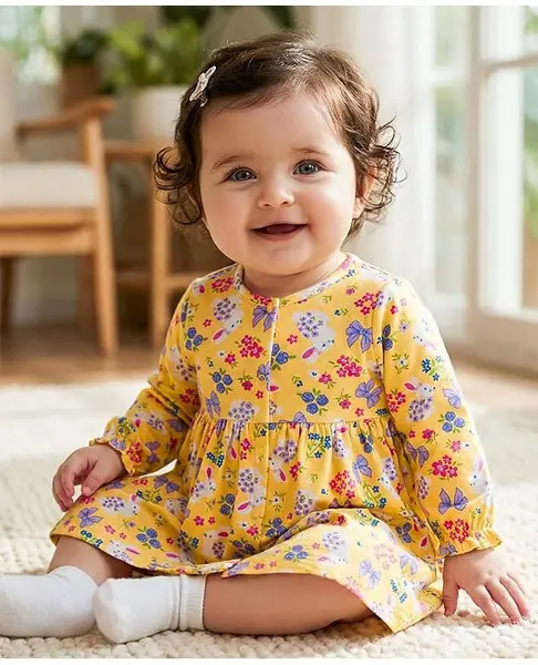 Babyoye 100% Cotton Knit with Eco Jiva Finish Full Sleeves Front Open Frock with Bloomer & Floral Print - Light Yellow