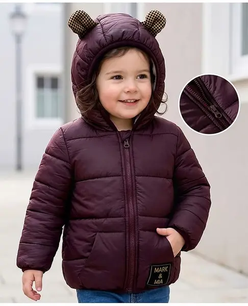 Mark & Mia Woven Full Sleeves Solid Hooded Padded Jacket With Kangaroo Pockets - Maroon