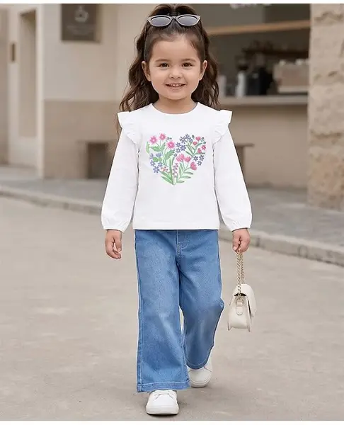 Babyhug Single Jersey Knit Full Sleeves Top & Denim Jeans Set With Floral Print - White & Blue