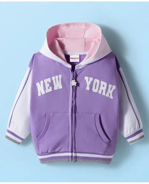 Babyhug Cotton Knit Full Sleeves Hooded SweatJacket with Front & Back Text Graphic & Kangaroo Pocket - Purple
