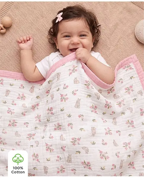 Babyhug 6 Layer Muslin Baby Blanket with Contrast Wide Edge Floral Print - Pink
