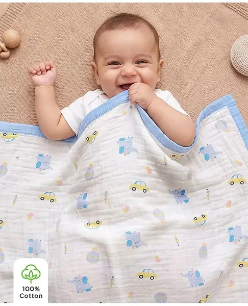 Babyhug 6 Layer Muslin Baby Blanket with Contrast Wide Edge Carnival Print - Blue