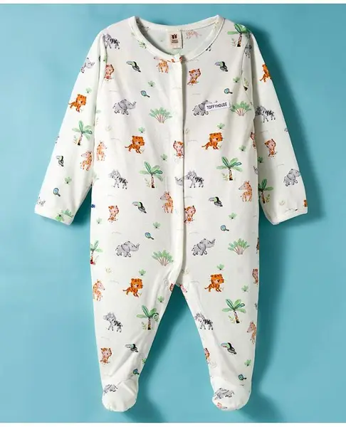 ToffyHouse 100% Cotton Knit Full Sleeves Sleep Suit With Animals Print - White