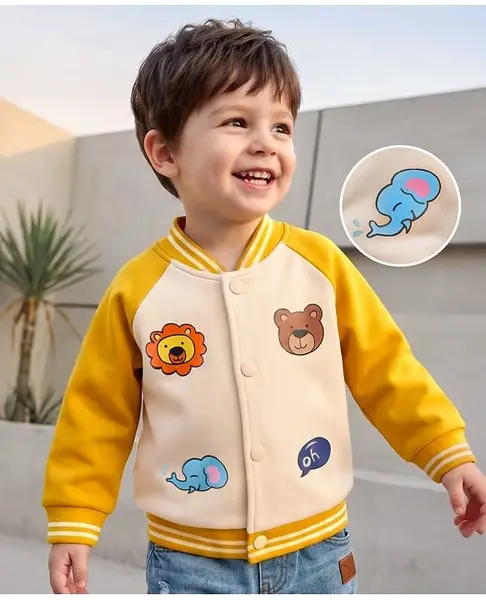Mark & Mia Knit Full Raglan Sleeves Fleece Bomber Jacket with Animal Graphic & Tipping Rib Detailing - Multicolor