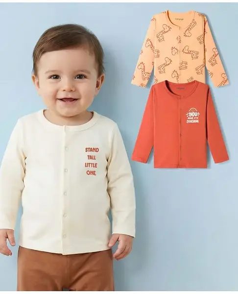 Babyoye 100% Cotton Interlock Knit Full Sleeves Jhablas With Animal Print Pack Of 3 - Rust Orange White & Orange