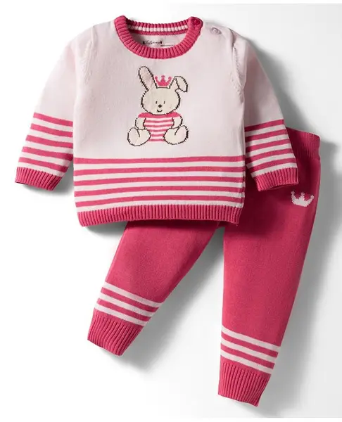 ToffyHouse Cotton Knit Full Sleeves Winter Wear T-Shirt & Lounge Pant Set With Bunny Print - Pink