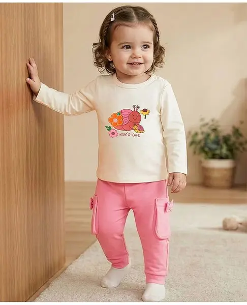 Babyoye 100% Cotton With Eco Jiva Finish Soild Dyed Full Sleeves T-Shirts & Joggers Set with Snail Print - Pink
