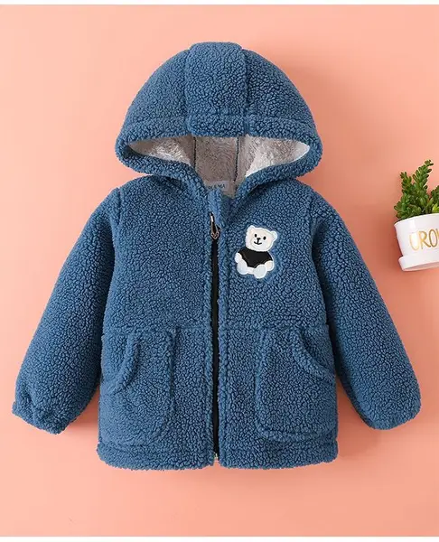 Mark & Mia Full Sleeves Hooded Fur Winter Jacket With Bear Patch Detailing - Blue