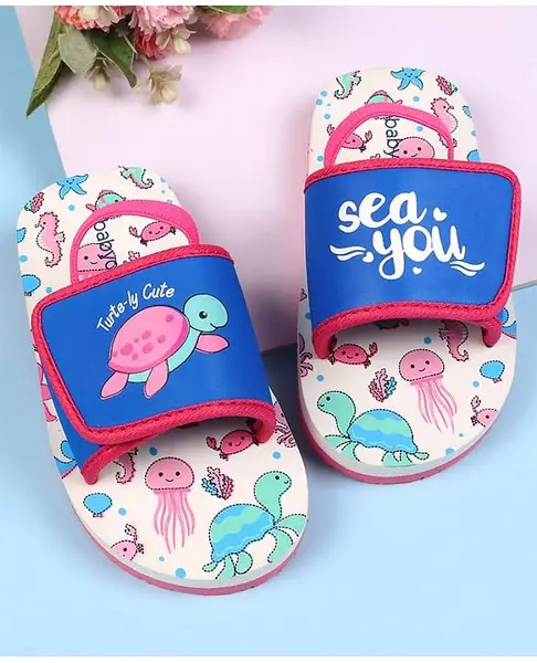 Babyoye Velcro Closure Flip Flops With Sea Animals Print - White & Blue