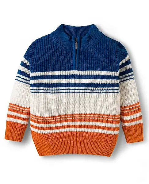 Pine Kids Knit Full Sleeves Pullover Sweater with Stripe Design - Navy Blue White & Orange