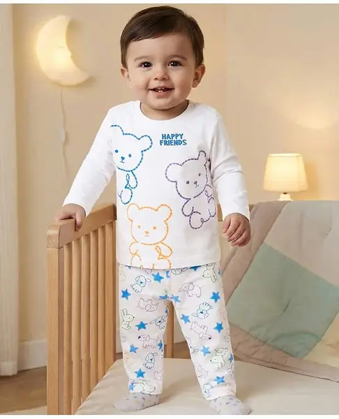 Babyoye 100% Cotton Single Jersey Knit Full Sleeves Night Suit With Animal Print - White