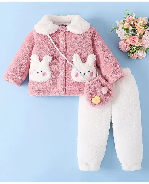 Mark & Mia Full Sleeves Winter Wear Night Suit With Bunny Applique & Sling Bag - Pink