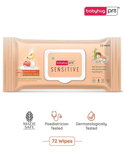 Babyhug Pro Sensitive pH 5.5 Peach Milk Bamboo Wipes - 72 Wipes