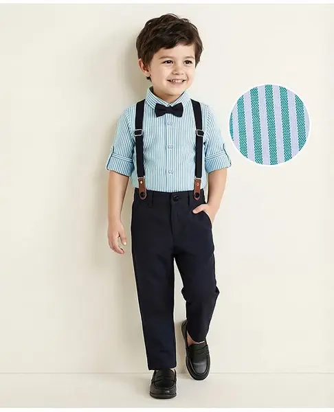Mark & Mia Woven Full Sleeves Striped Party Shirt & Trouser Set with Bow & Suspender - Black