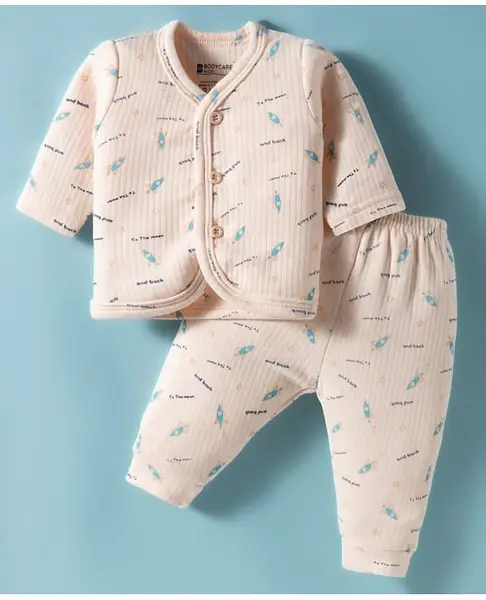 Bodycare Cotton Full Sleeves Thermal Inner Wear Set With Space Theme Print - Peach