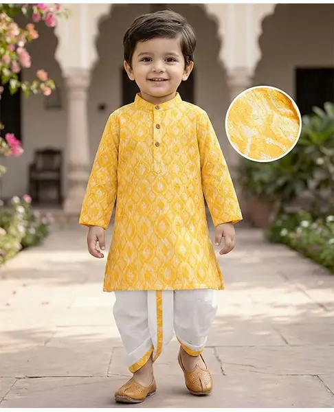 Babyhug Woven Full Sleeves Hakkoba Embroidered Kurta Dhoti Set -Yellow