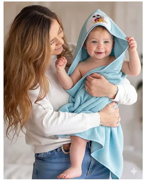 Disney by Baby Tales Terry Knit Hooded Towel With Cute Mickey N Pluto Print L 76 x B 76 cm -Blue