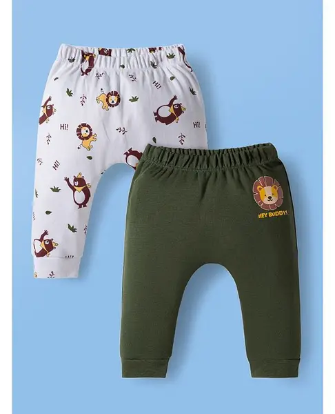 Doodle Poodle 100% Cotton Single Jersey Knit Full Length Diaper Leggings With Animal Print Pack Of 2 - White & Green