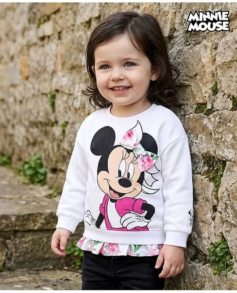 Babyhug Disney Terry Knit Full Sleeves Drop Shoulder Sweatshirt with Minnie Mouse Graphics Frill & Badge Detailing - White