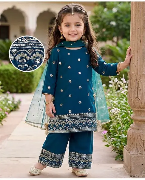 Babyhug Georgette Woven Half Sleeves Kurti Palazzo Set With Floral Embroidery & Dupatta - Navy Blue