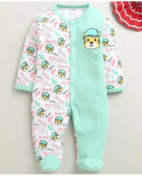 BUMZEE Cotton Knit Full Sleeves Sleepsuit With Animal Print - Mint Green