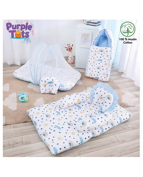 Purple Tots  Bedding Set  Sleeping Bag & Mosquito Net Gadda Combo Set of 3 Blue cute Cloud Print