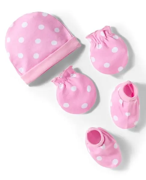 Babyhug 100% Cotton Knit Cap Mittens & Booties With Polka Dot Print Pink - Diameter 11.5 cm