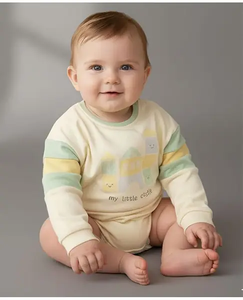 My Milestones 100% Cotton Knit Full Sleeves Castle Printed Onesie - Ecru