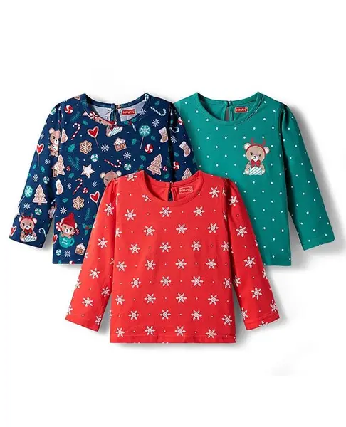 Babyhug 100% Cotton Knit Full Sleeves T-Shirts with Snowflakes & Reindeer Print Pack of 3 - Green Red & Navy Blue
