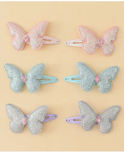 Pine Kids Free Size Snap Clips with Butterfly Applique Pack Of 6 - Light Blue Pink & Purple