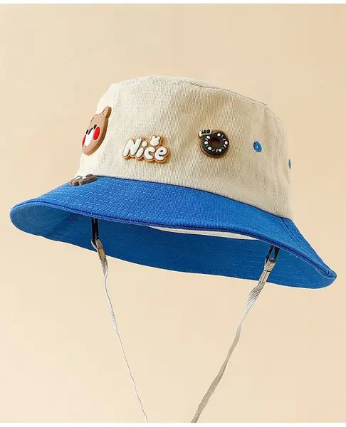 Babyhug Cotton Bucket Hat With Teddy Bear Applique Blue - Diameter 17 cm
