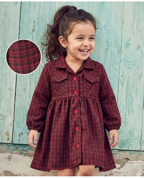 Babyhug Cotton Woven Full Sleeves Checkered Winter Frock - Wine