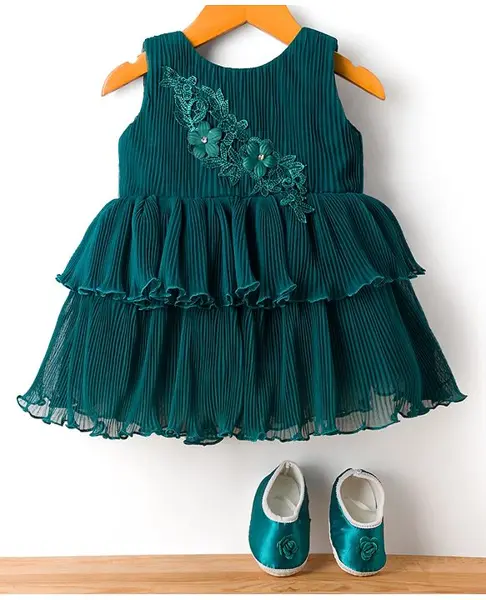 Bluebell Net Woven Sleeveless Layered Party Frock with Floral Aplique and Booties - Dark Green