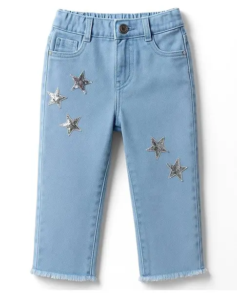 Babyhug Denim Washed Capri With Stretch & Star Applique - Light Blue